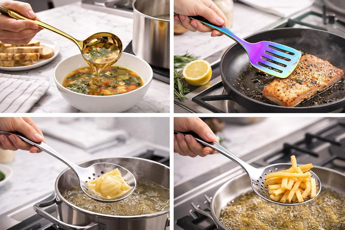 7AGAT stainless steel kitchen utensil with ergonomic handle, heat resistant, rust-resistant, dishwasher safe in silver, gold, rainbow finishes.