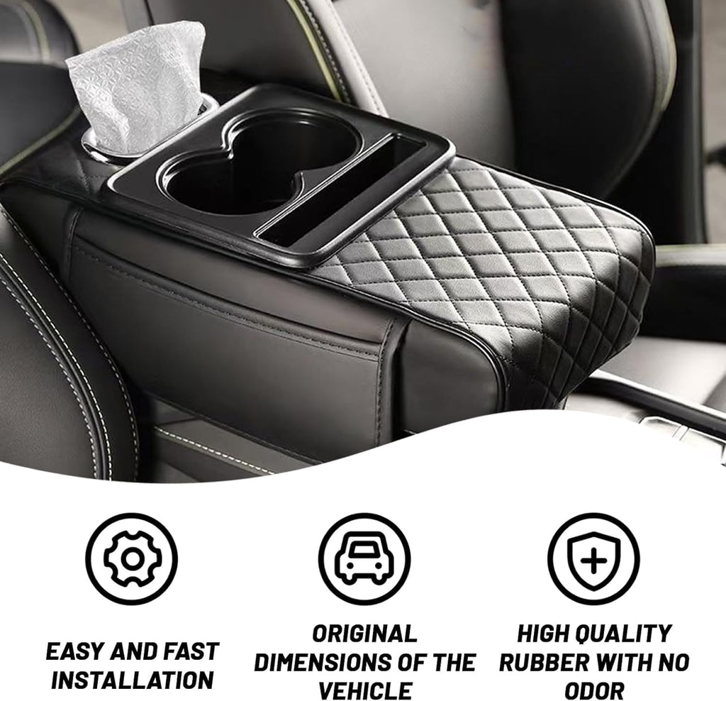 Leather car armrest cover organizer with rhombus padding, two cup holders, tissue opening, for car accessories, by 7AGAT.