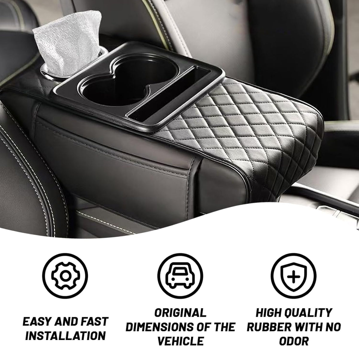 Leather car armrest cover organizer with rhombus padding, two cup holders, tissue opening, for car accessories, by 7AGAT.
