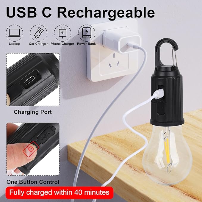 7AGAT rechargeable LED light bulb with Type-C charging, 3 lighting modes, and hanging hook for home, emergency, and camping use.