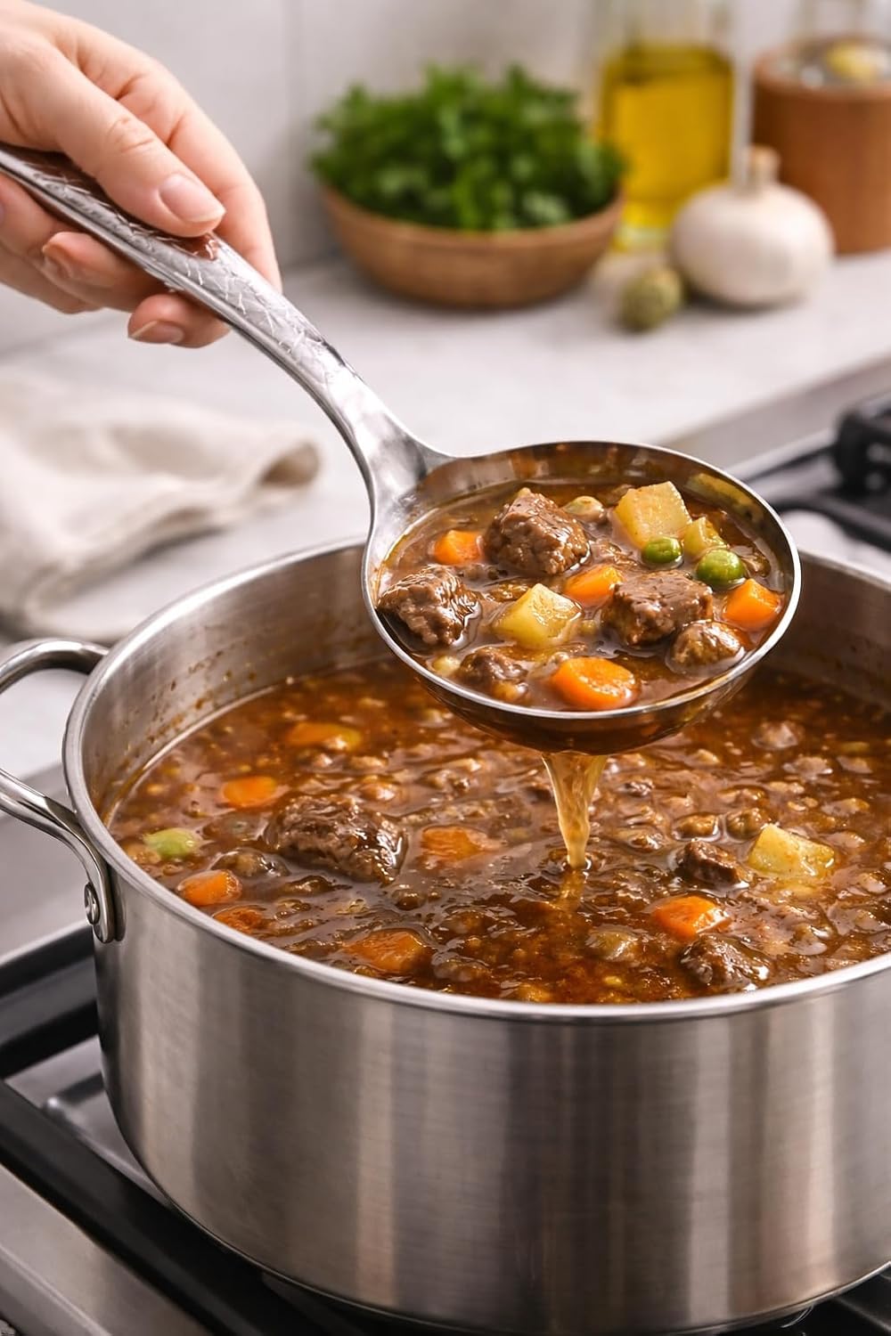 7AGAT stainless steel kitchen utensil with ergonomic handle, heat and rust-resistant, dishwasher safe in silver, gold, and rainbow finishes.
