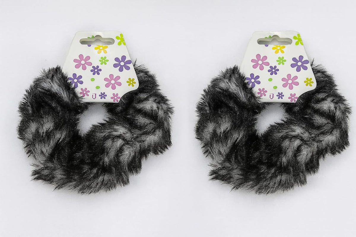 Two colorful faux fur ponytail holders by 7AGAT, soft and fluffy, designed for women and girls to style hair easily.