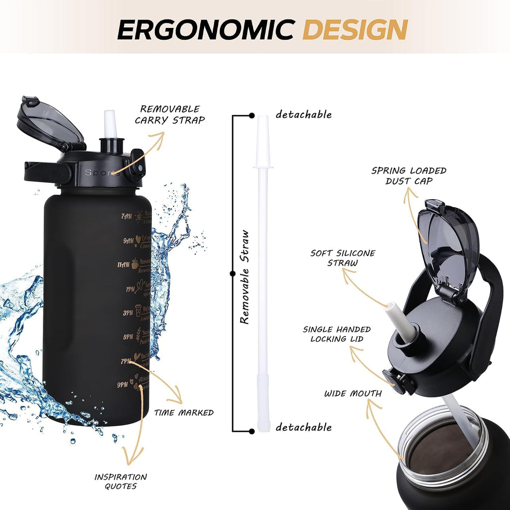Set of three black 7AGAT sports water bottles with time markers, ideal for hydration tracking during workouts.