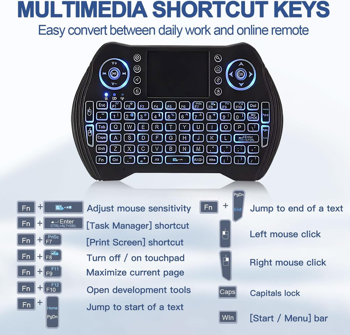 7AGAT mini wireless keyboard with touchpad, multimedia keys, and rechargeable battery for Android TV, PC, and gaming consoles.