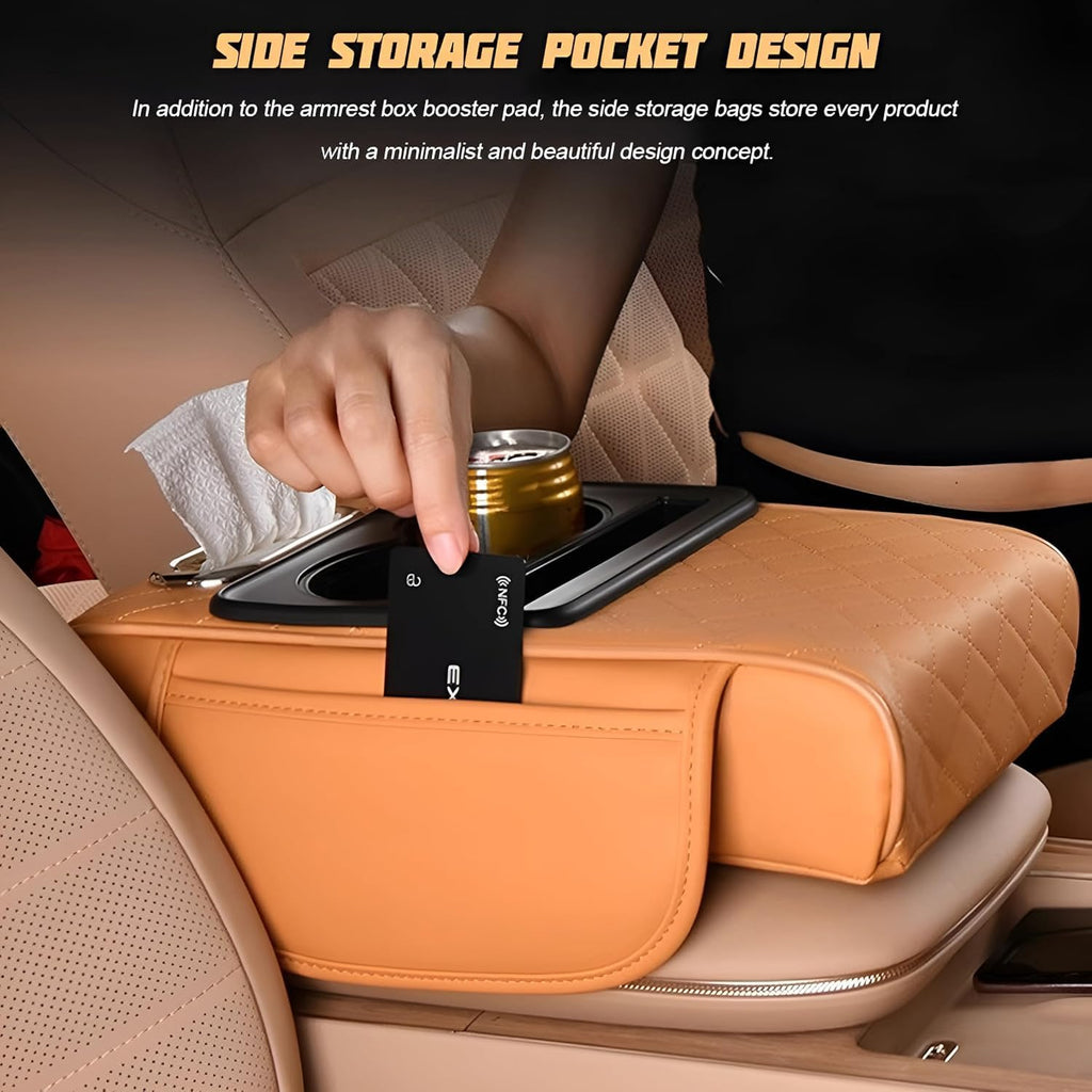 Leather car armrest cover organizer with padded rhombus design, two cup holders and tissue opening, fits 35 x 20 x 8 cm.