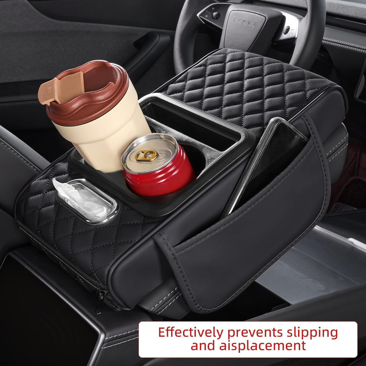 Leather car armrest cover organizer with padded rhombus design, 2 cup holders and tissue opening, fits 35x20x8 cm vehicles.