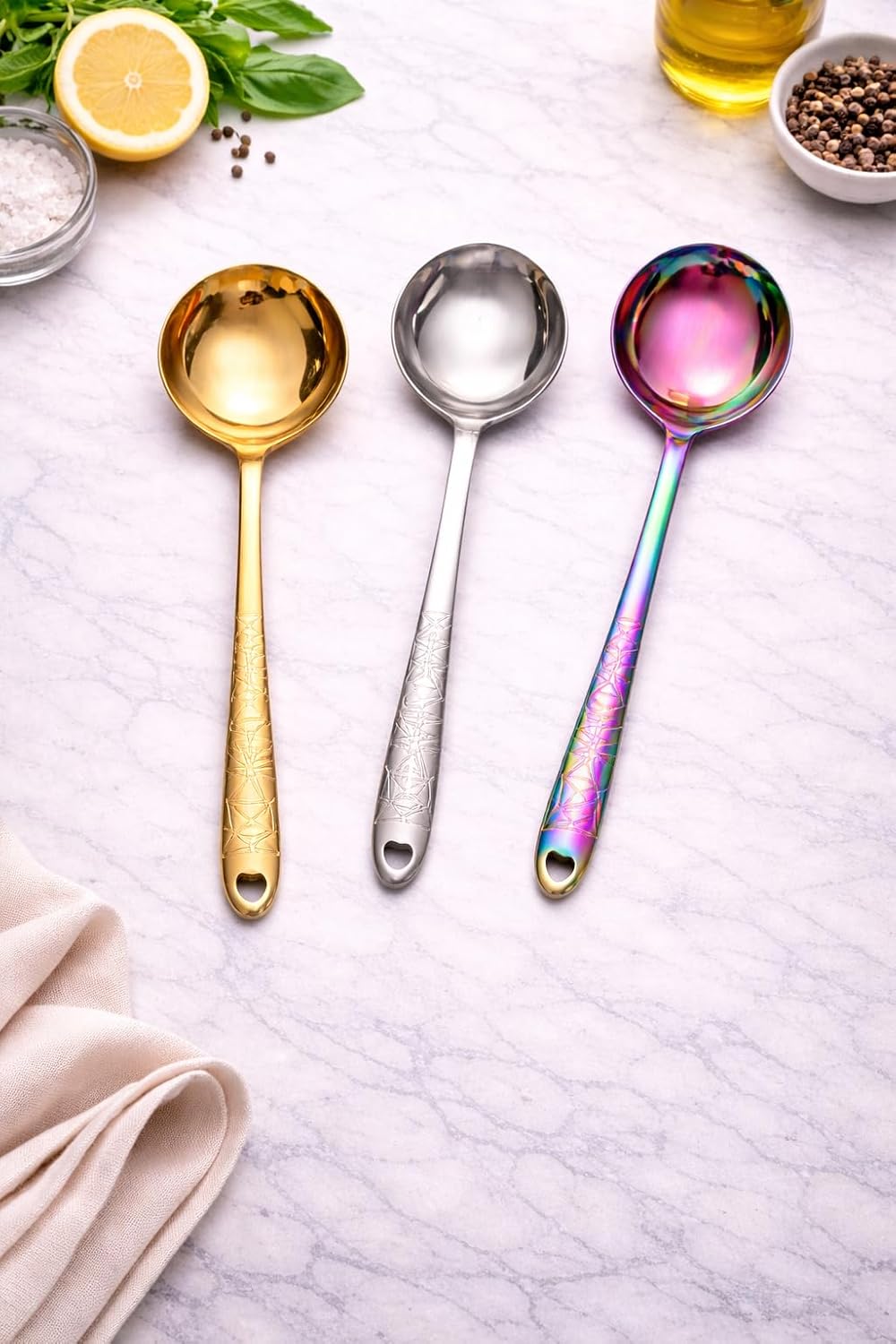 7AGAT stainless steel kitchen utensil with ergonomic handle, heat and rust resistant, in silver, gold, and rainbow finishes, dishwasher safe.