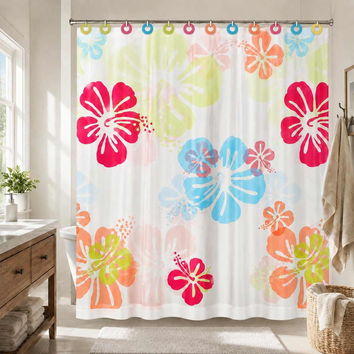 7AGAT waterproof shower curtain with modern design and 12 hooks, suitable for home or hotel bathrooms.