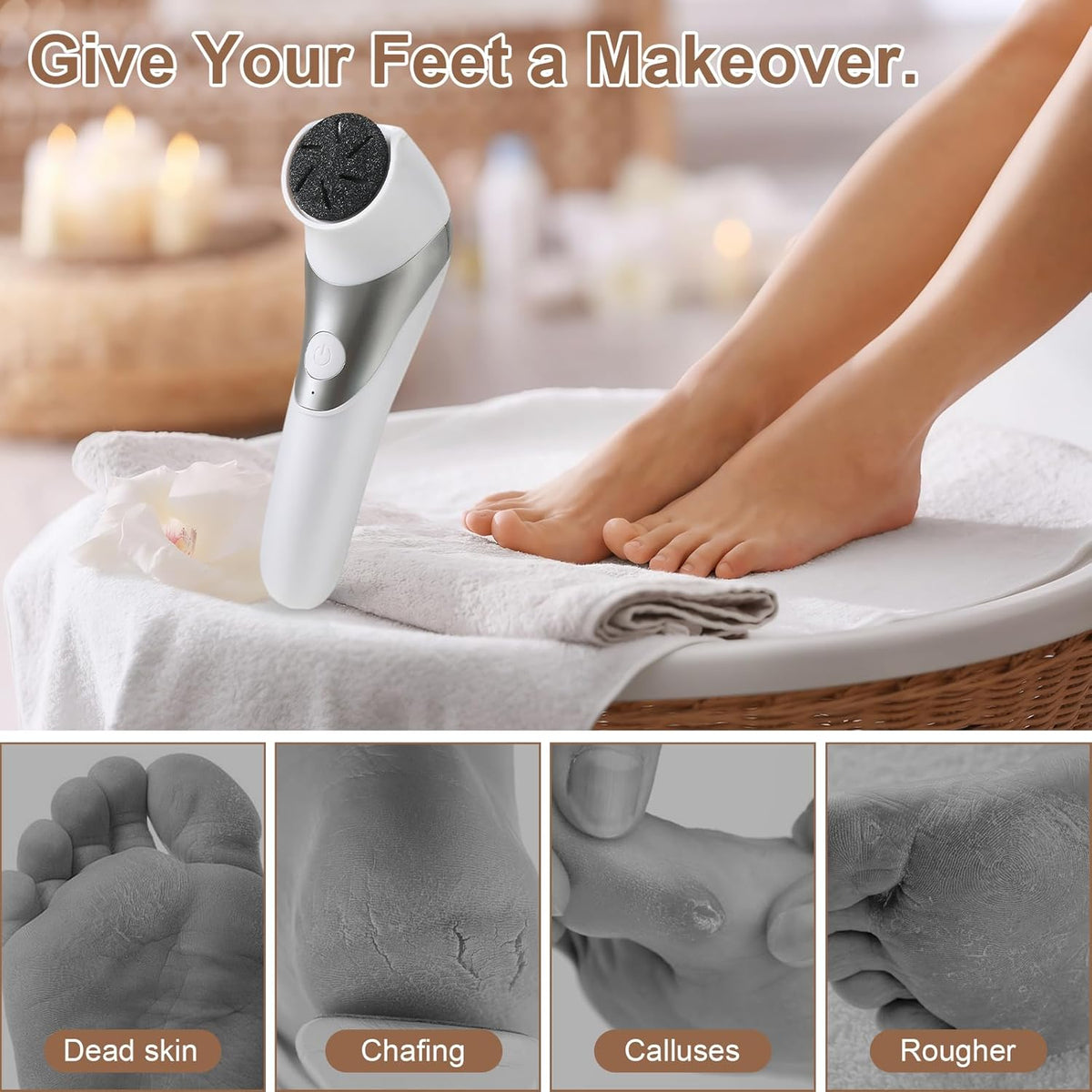 7AGAT electric foot grinder with rechargeable callus remover, two-speed skin care tool for heels and soles in white and silver.