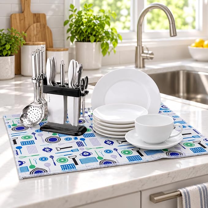 Microfiber Dish Drying Mat with Kitchen Utensil Print 50x38cm