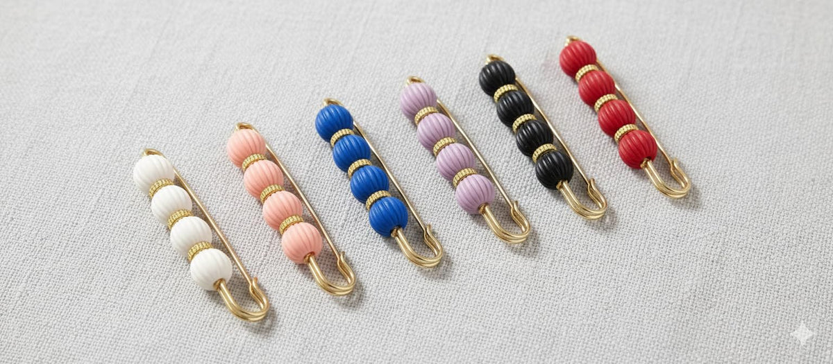 Decorative 7AGAT hijab safety pin with beaded design and crystal accents, stylish multi-purpose hijab pin accessory.