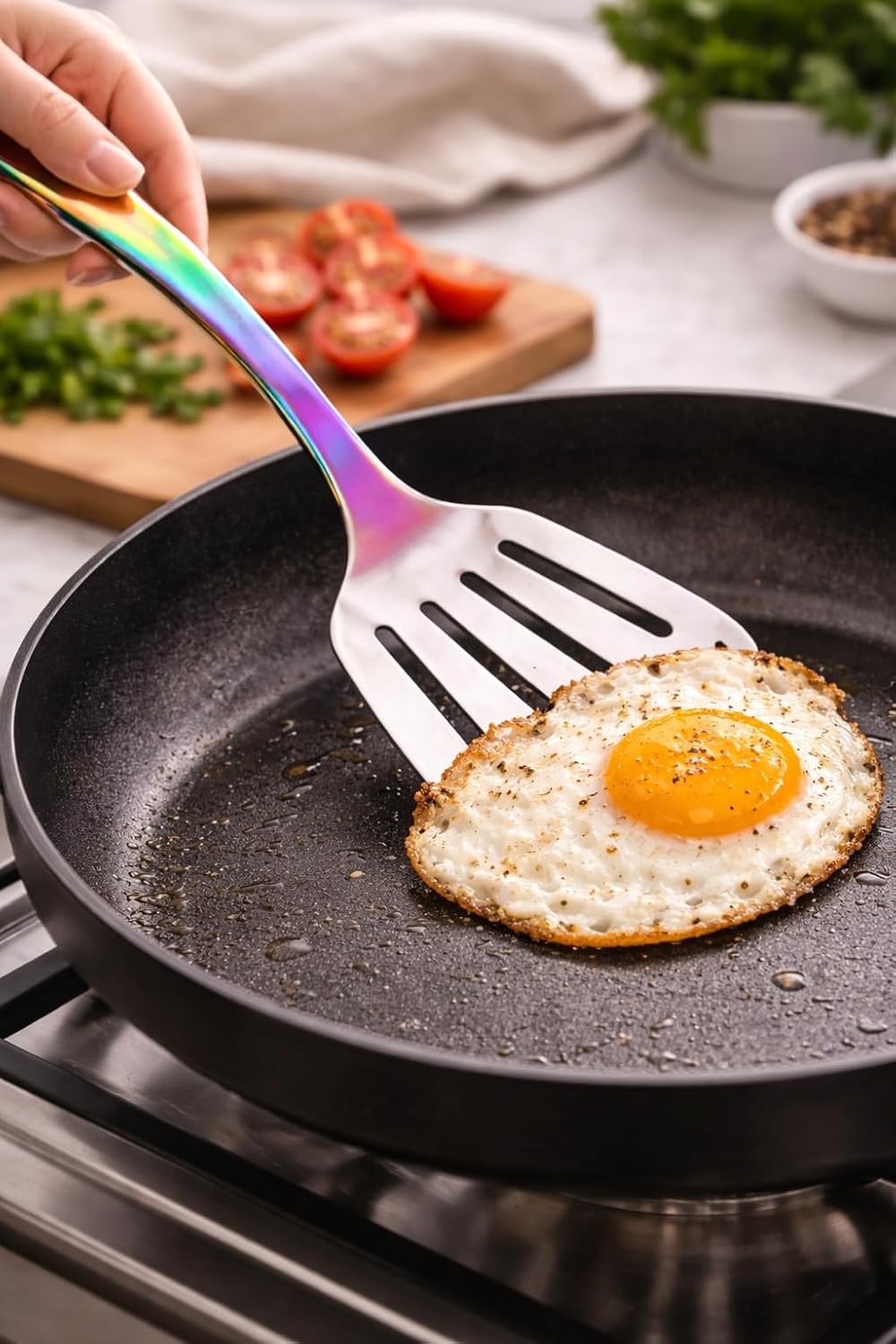 7AGAT stainless steel kitchen utensil with ergonomic handle, heat and rust-resistant, dishwasher safe in silver, gold, and rainbow finishes.
