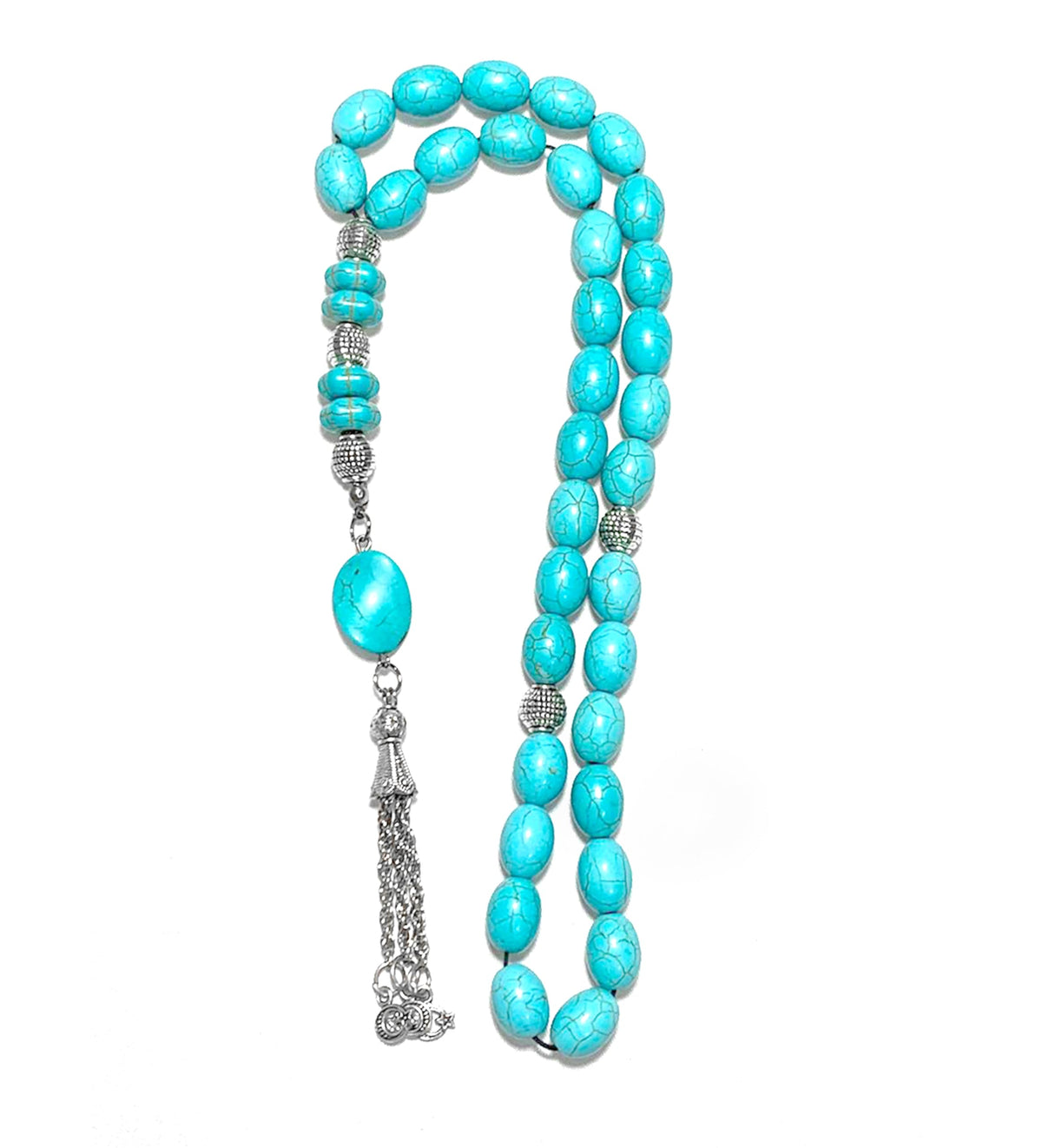 Handmade rosary by 7AGAT featuring Fayrouz beads, metal separators, displayed with a gift bag for meditation or gifting.