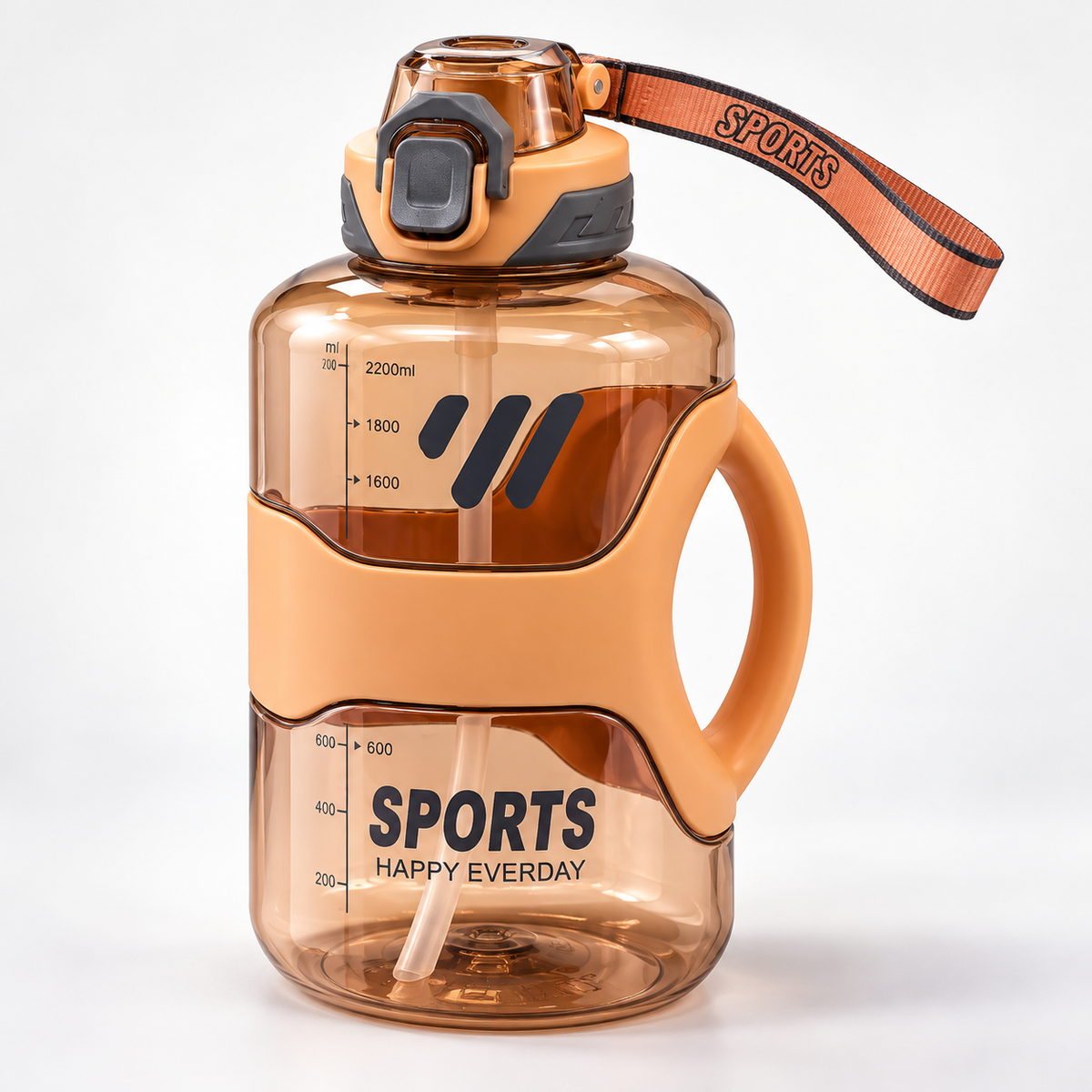 Lifestyle product photograph of the 7AGAT amber-orange sports water bottle placed on a gym bench, featuring its large capacity, transparent body, and portable design.