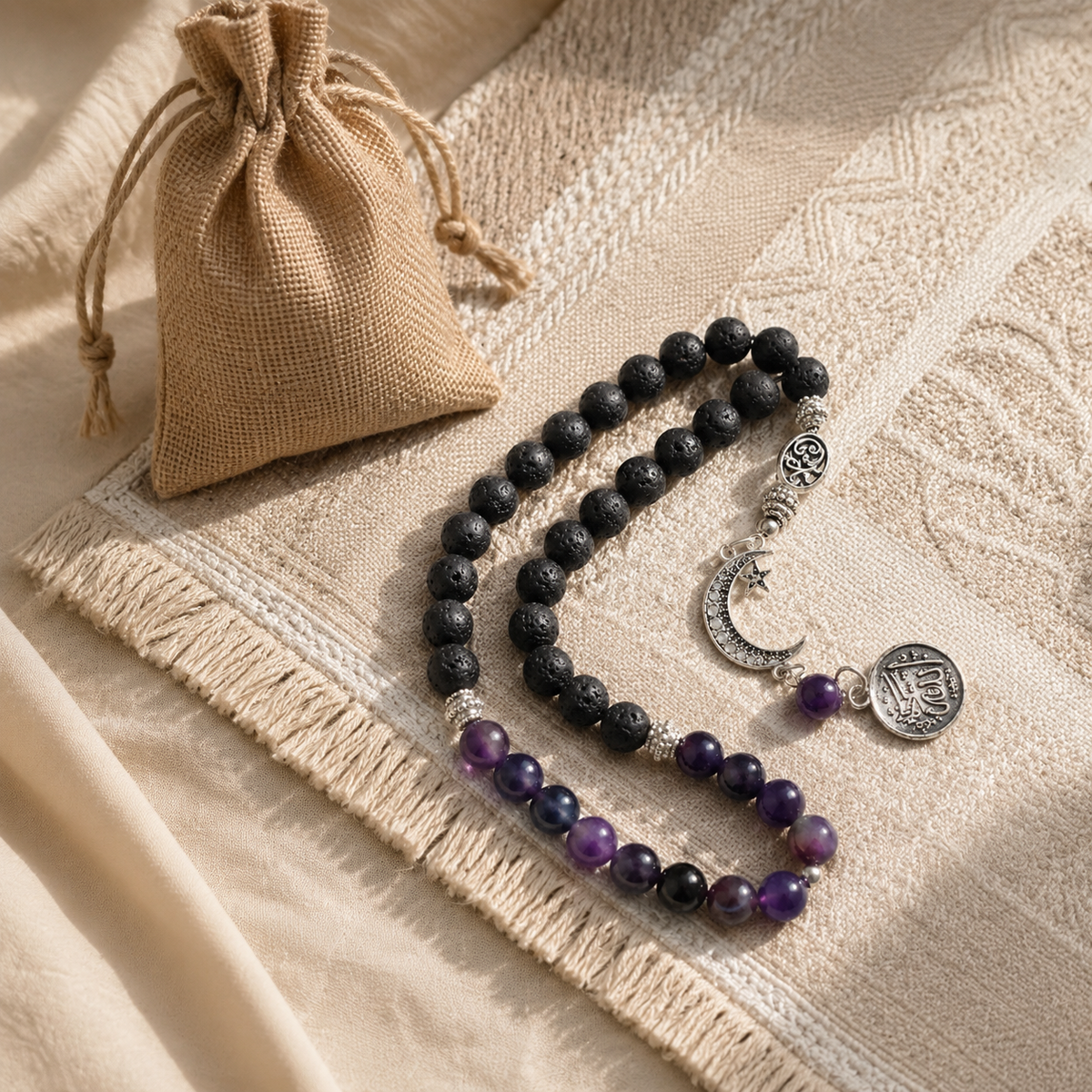 7AGAT 33 bead rosary with black lava and agate beads, 8mm prayer beads on beading cord, with jute gift bag on prayer mat.