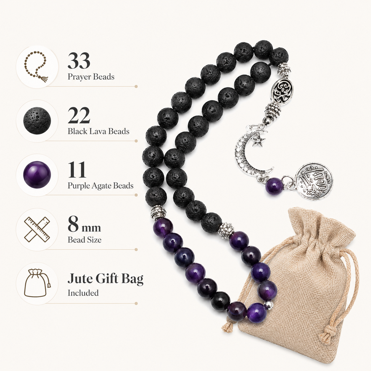 7AGAT 8mm black lava and purple agate bead rosary with 33 beads, prayer beads on beading cord, in jute gift bag.