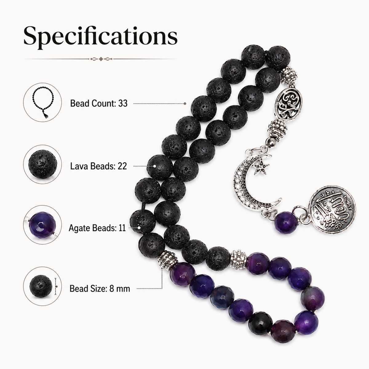 Specifications diagram for a beaded prayer necklace, showing a black lava stone bead strand with silver-toned crescent moon and medallion charms, plus inset circles labeled for bead counts, bead types, and bead size on a light background.