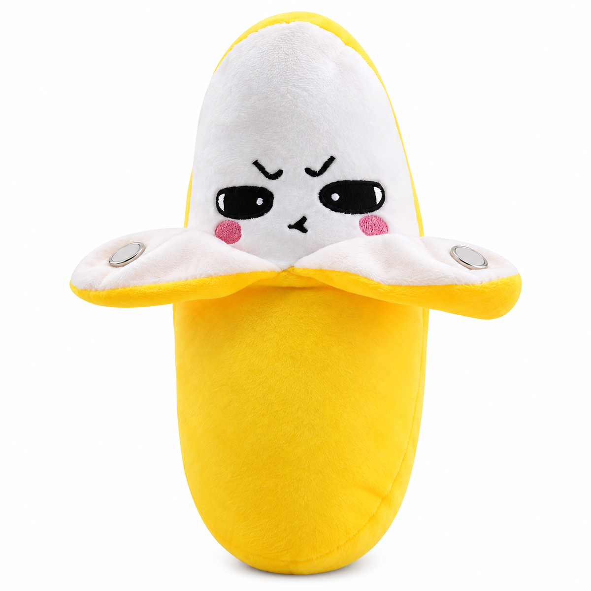 Front view of the 7AGAT interactive musical banana plush toy, featuring a soft yellow body, white peel, embroidered cartoon face, and side touch buttons.