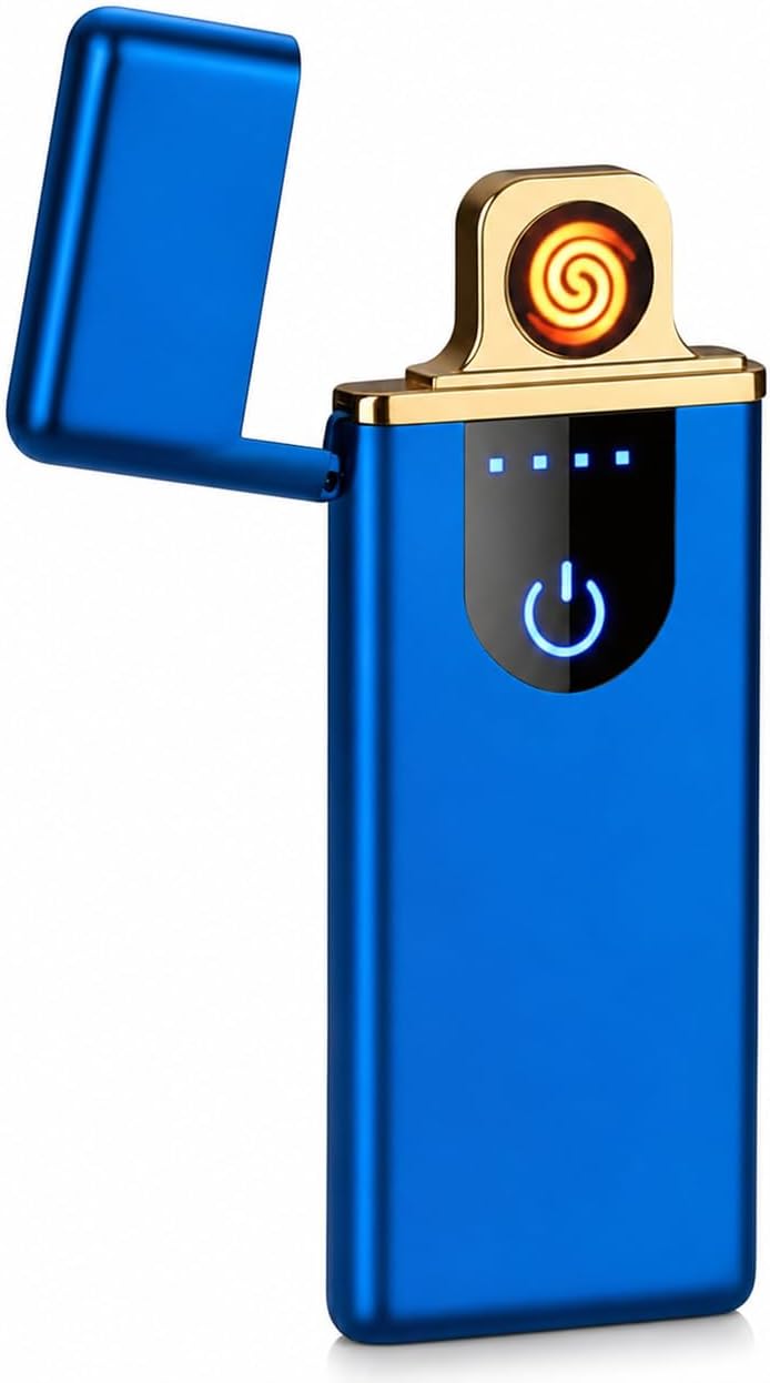 A metallic blue electric lighter with a gold-colored top trim and a hinged lid. The lighter features a black power button panel with a glowing blue power symbol and four indicator lights, and a gold ignition head with a glowing orange spiral flame icon.