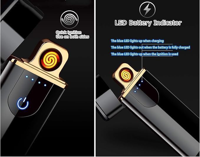 A split-panel product feature graphic showing a black and gold vape device. The left panel highlights quick ignition on both sides with a blue power icon, and the right panel explains the LED battery indicator with blue text on a dark background.