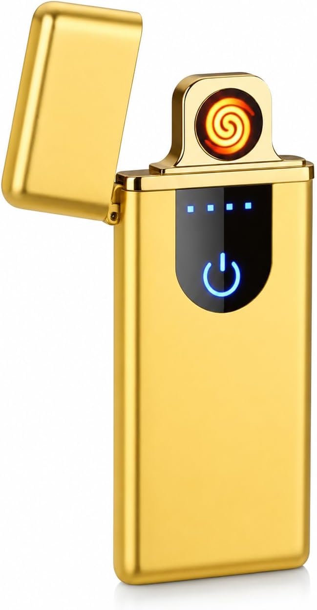 A gold metallic electronic lighter with its lid open, featuring a black digital display showing battery levels and a blue power symbol, and an illuminated orange spiral flame icon on top.