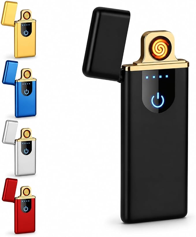 A black and gold electronic lighter is shown open on a white background, with five smaller color variants lined up on the left. The main lighter has a black body, a gold accent band, an open lid, a circular ignition button with an orange flame graphic, and a blue power symbol on the front.
