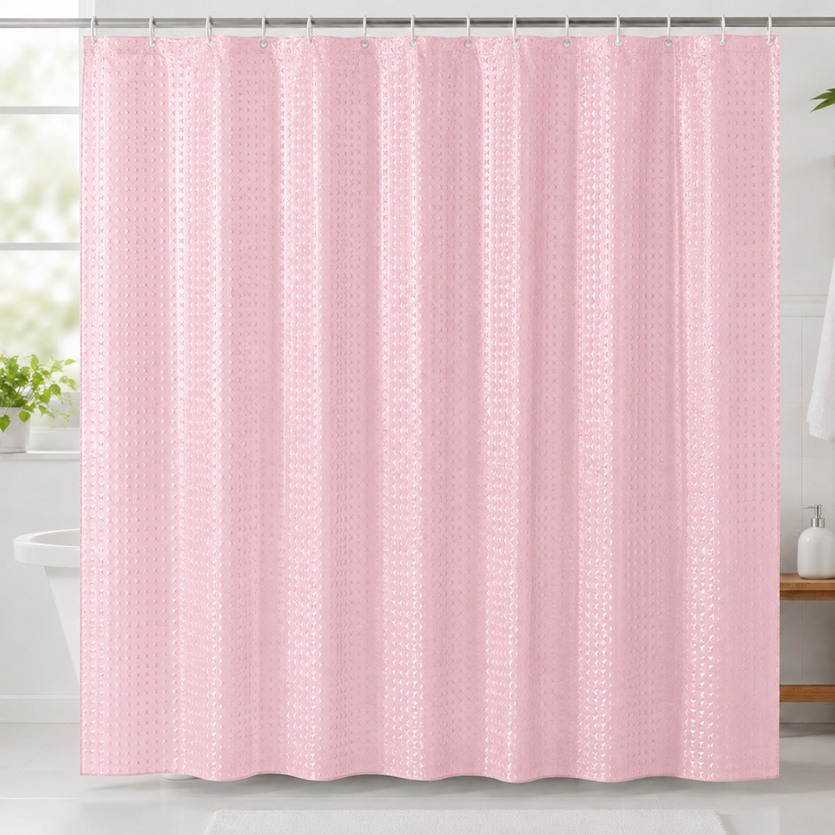 Light pink textured 7AGAT waterproof shower curtain with 12 hooks, modern design for bathroom or hotel use.