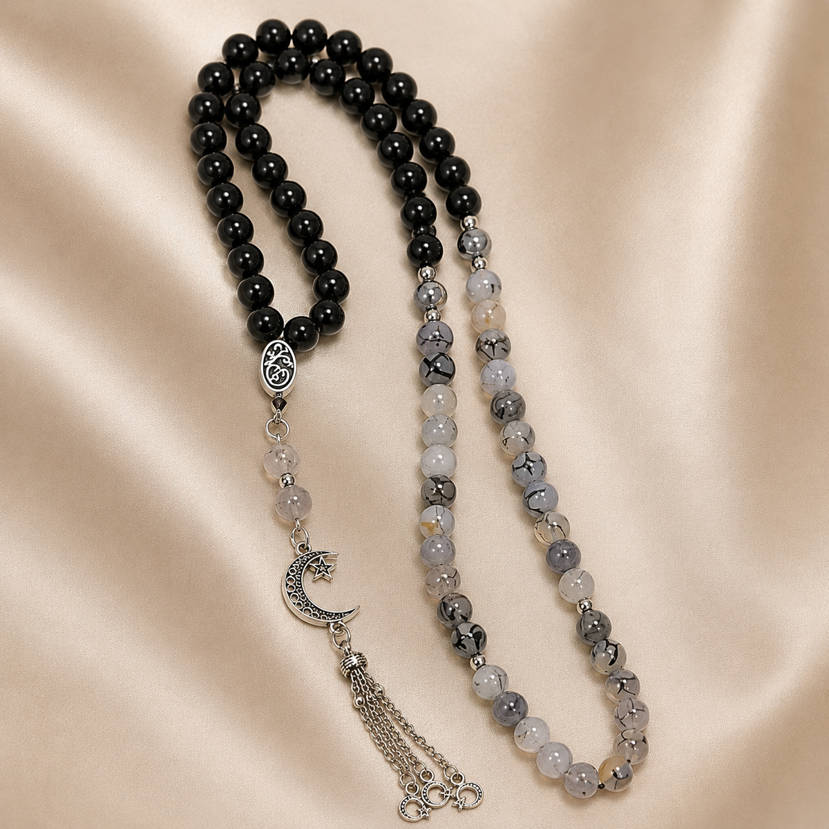Handmade 7AGAT rosary with 99 natural tree agate beads, separators, tassel, and a luxurious prayer bead design.