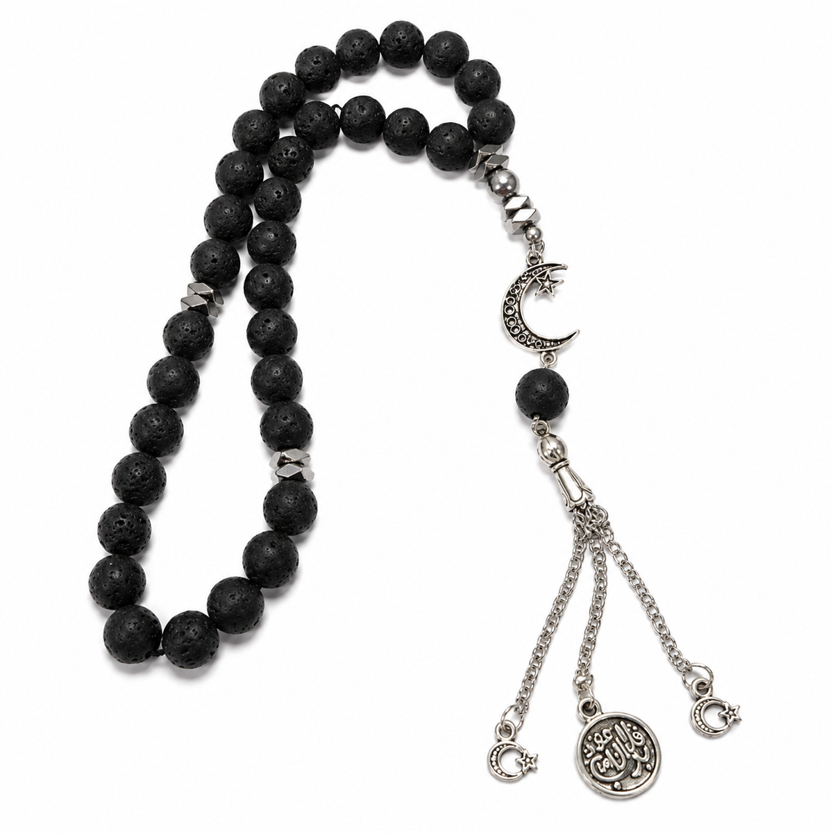 Handmade 33-bead Islamic tasbih prayer beads with 10mm stones, shown with burlap storage bag, by 7AGAT.
