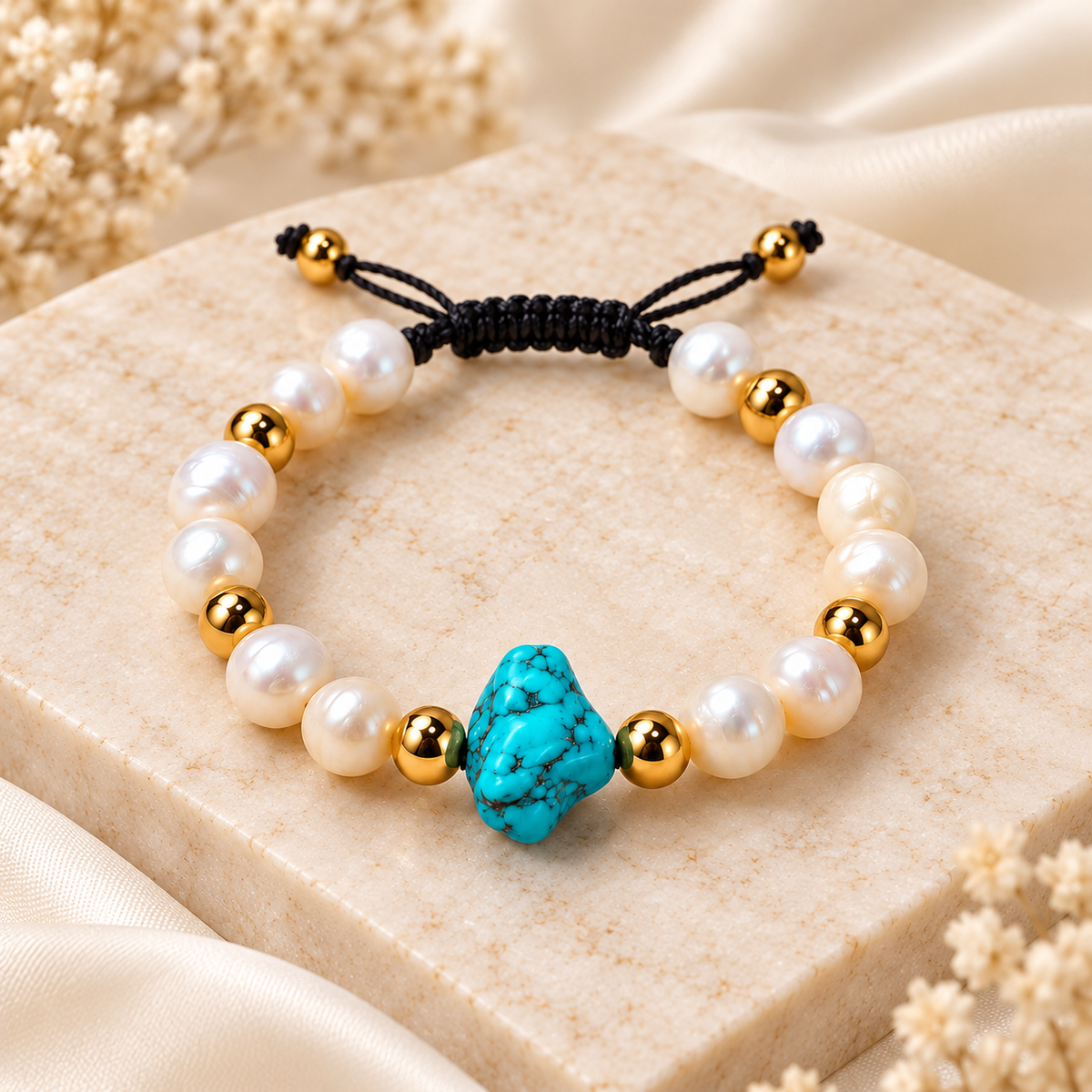 A beaded bracelet featuring white faux pearls, gold-toned spacer beads, and a central turquoise stone, displayed on a beige stone block with soft cream fabric and dried flowers in the background.