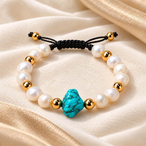 A beaded bracelet with white pearl-like beads, small gold spacer beads, a central turquoise stone, and a black adjustable cord closure, displayed on draped champagne-colored fabric.