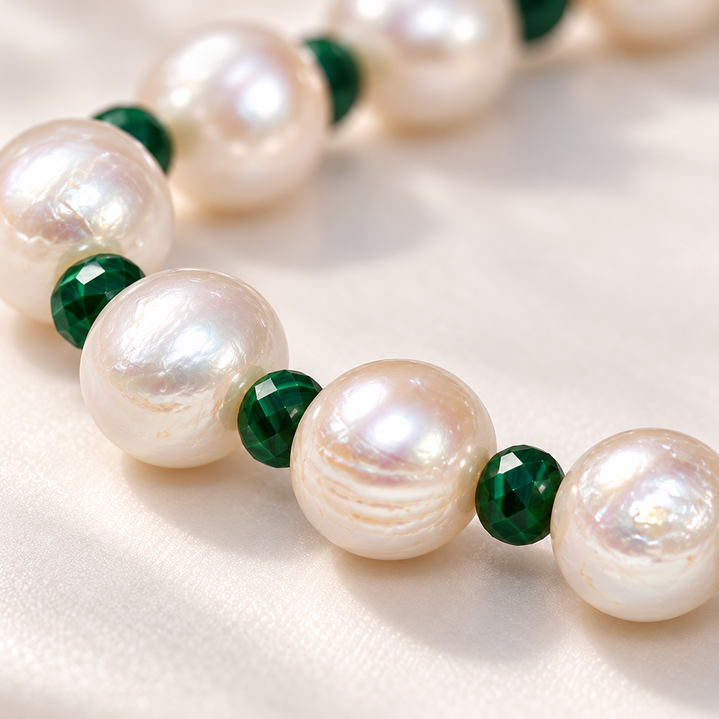 A close-up of a beaded strand featuring large, lustrous white freshwater pearls separated by faceted dark green beads, resting on a soft, light beige fabric background.