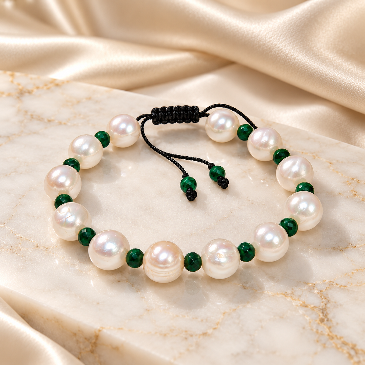 A beaded bracelet made of large white freshwater pearls and small dark green beads, threaded on a black adjustable cord, displayed on a cream marble surface with draped satin fabric in the background.