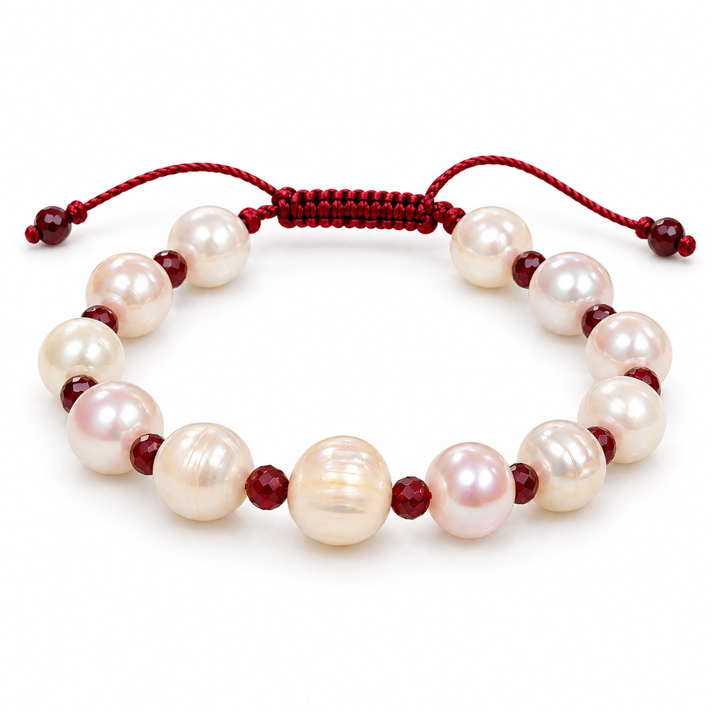 White Cultured Pearl Bracelet with Ruby Beads – 18 cm