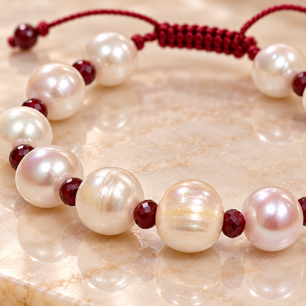 White Cultured Pearl Bracelet with Ruby Beads – 18 cm