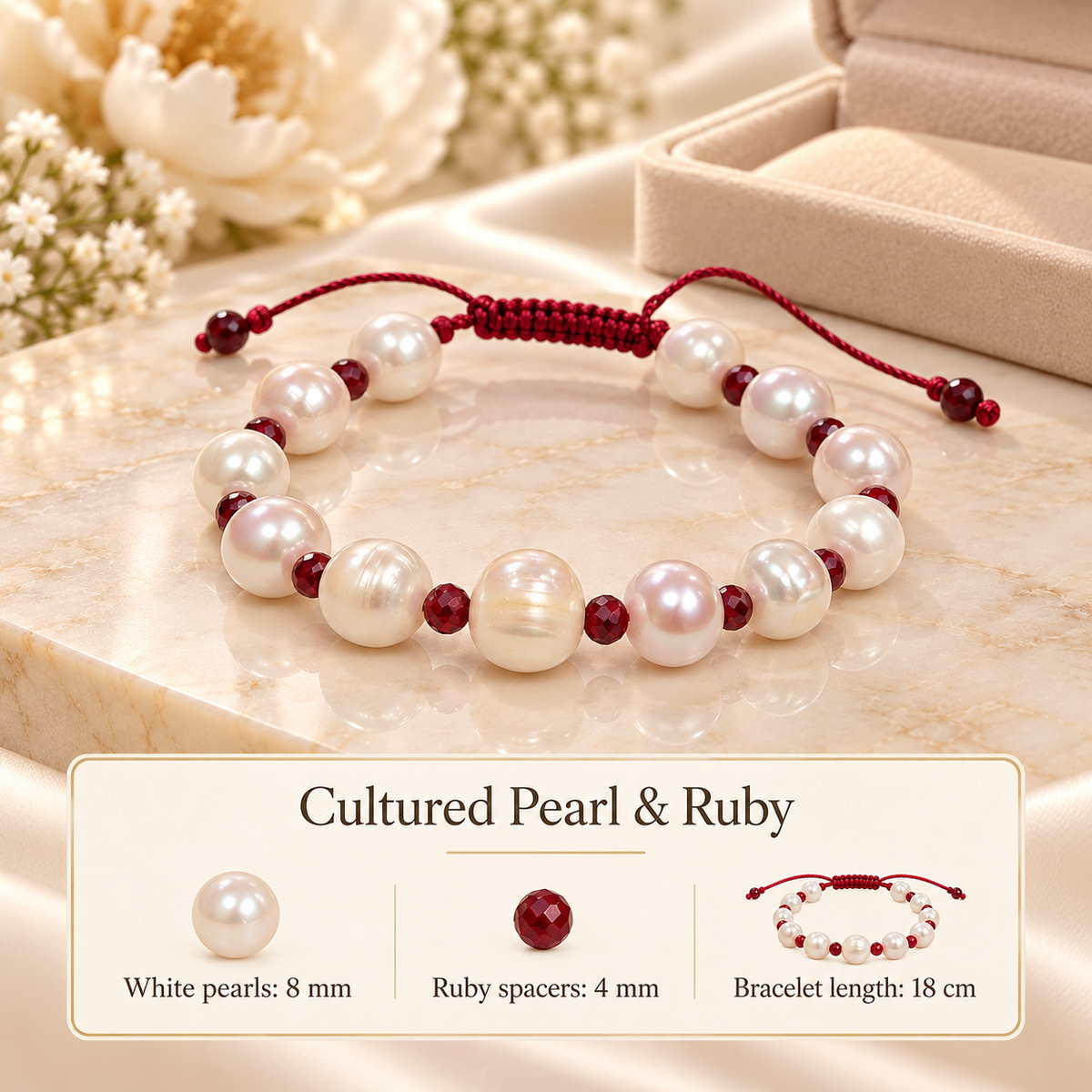 White Cultured Pearl Bracelet with Ruby Beads – 18 cm