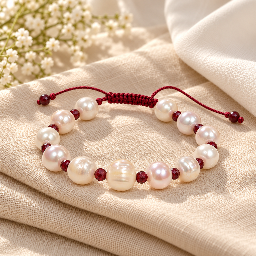 White Cultured Pearl Bracelet with Ruby Beads – 18 cm
