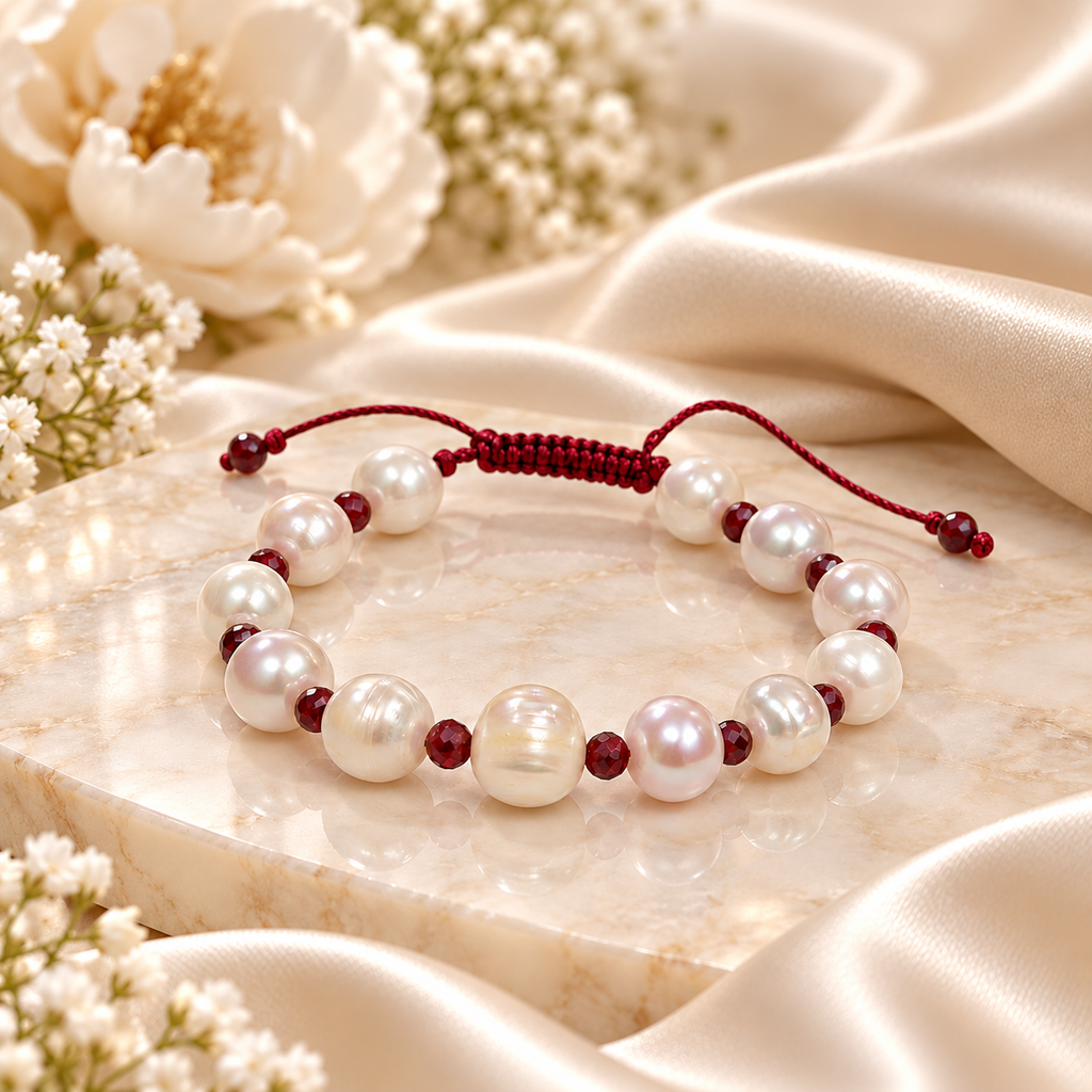 White Cultured Pearl Bracelet with Ruby Beads – 18 cm