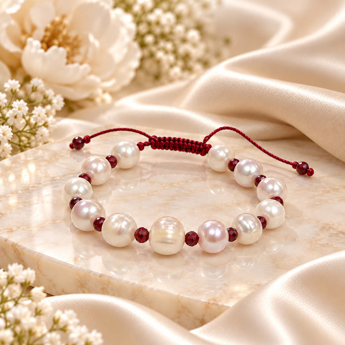 White Cultured Pearl Bracelet with Ruby Beads – 18 cm