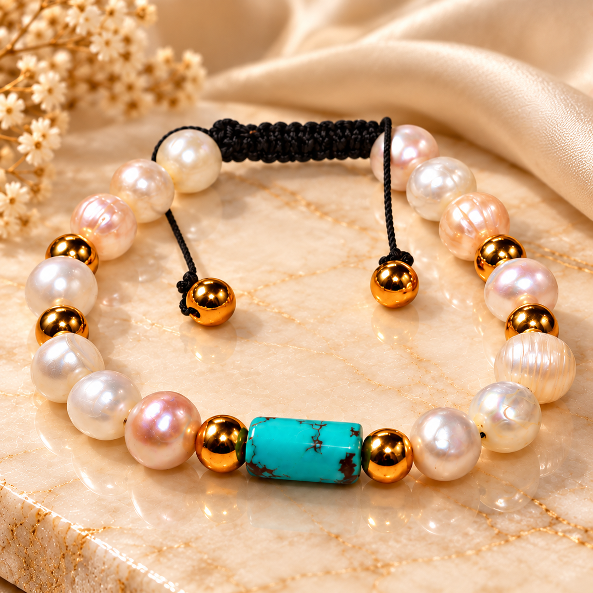 A beaded bracelet with white and pink freshwater pearls, gold-toned spacer beads, and a central turquoise-colored cylindrical bead, displayed on a beige marble surface with satin fabric and dried flowers in the background.