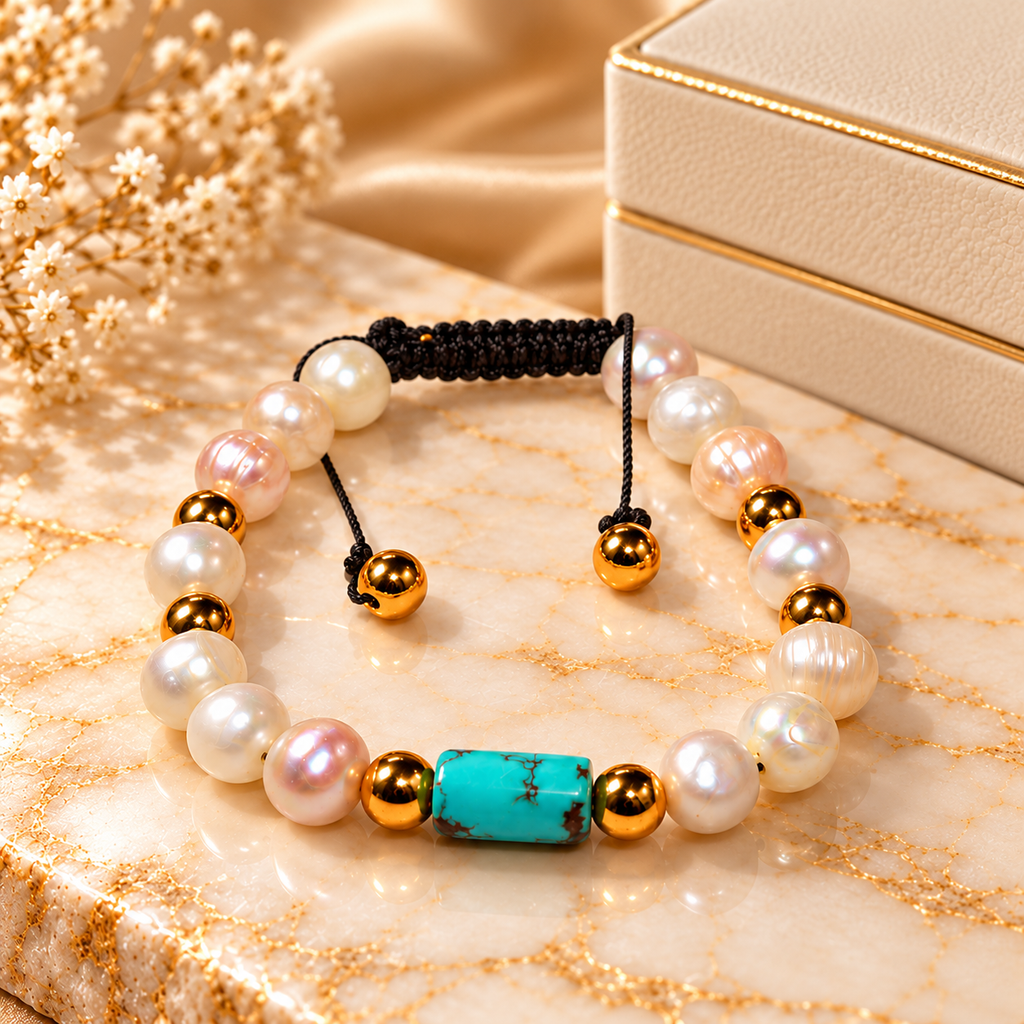 A beaded bracelet with white and iridescent pearls, gold-toned spacer beads, a turquoise-colored central bead, and a black adjustable cord, displayed on a gold-embossed marble surface with a cream jewelry box and dried flowers in the background.