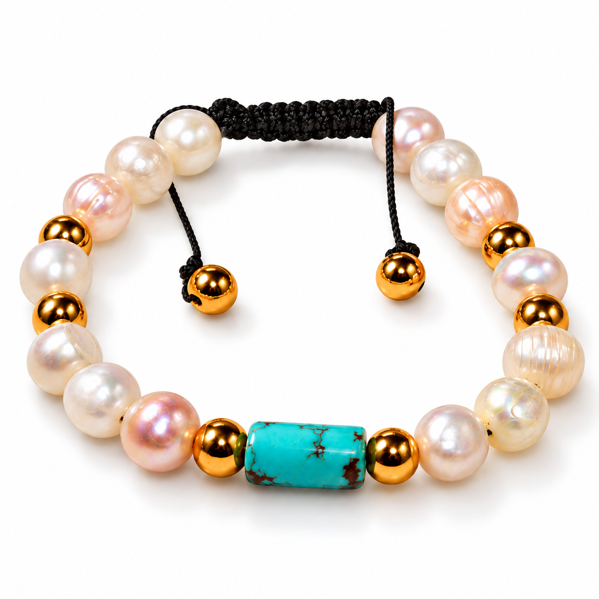 White Cultured Pearl Bracelet with Natural Sinai Turquoise & Gold-Tone Hematite – 18 cm