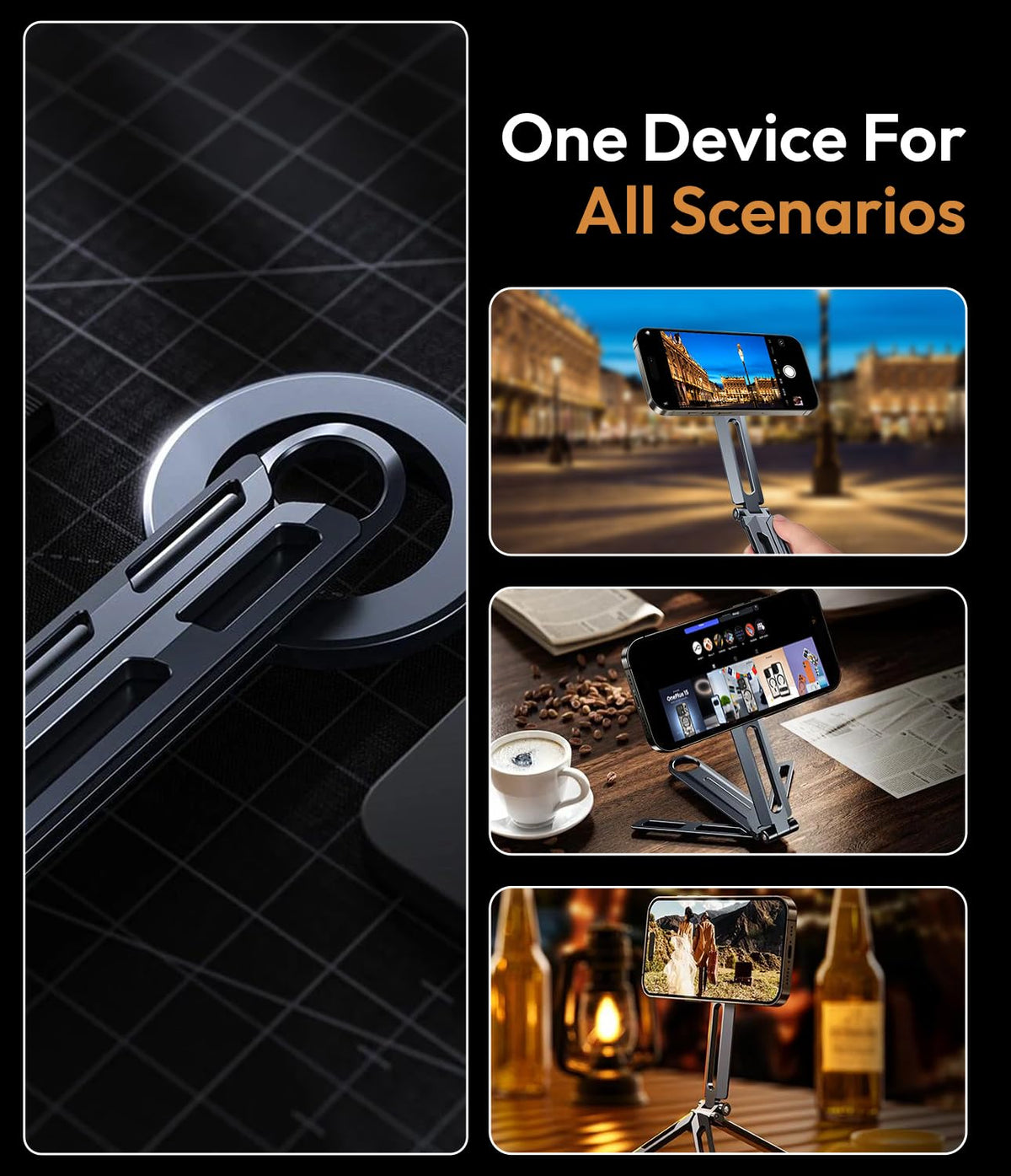 7AGAT MagSafe magnetic phone mount with foldable design and 1/4" tripod mount for smartphone photography and content creation.