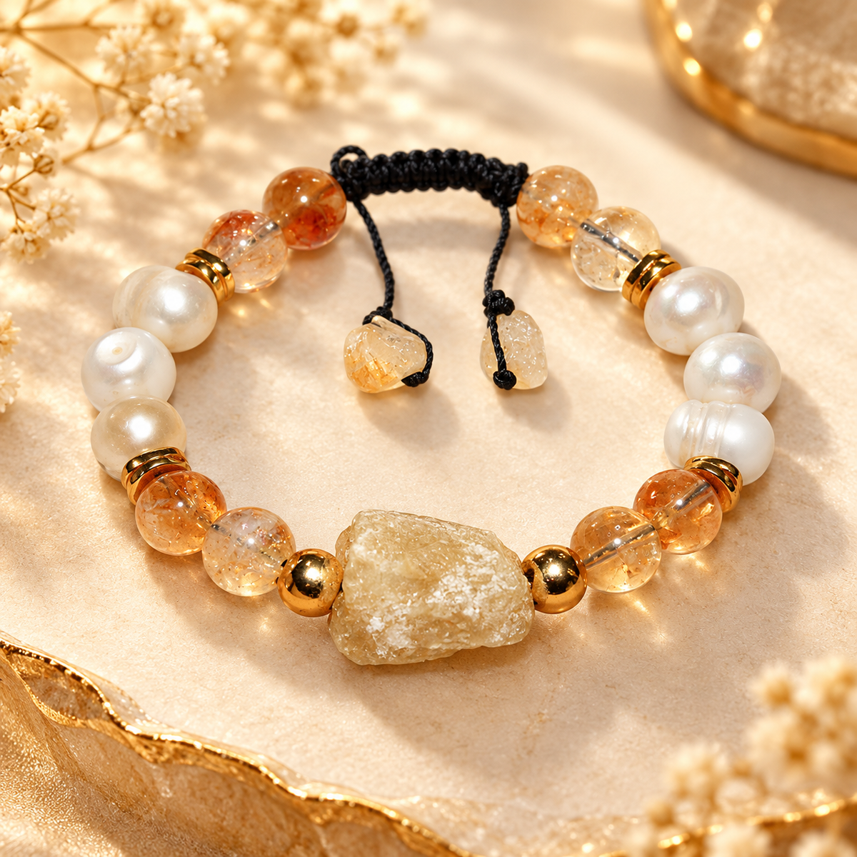 7AGAT natural citrine and white pearl bracelet with amber gemstone beads, gold-tone hematite spacers and a raw citrine centerpiece on marble.
