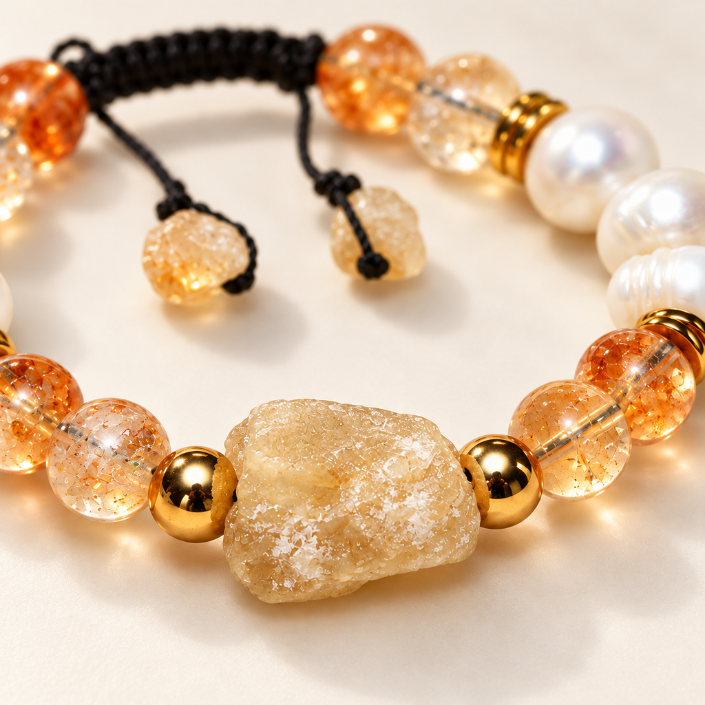 Close-up of the 7agat citrine centerpiece beside amber citrine beads and gold-tone spacers