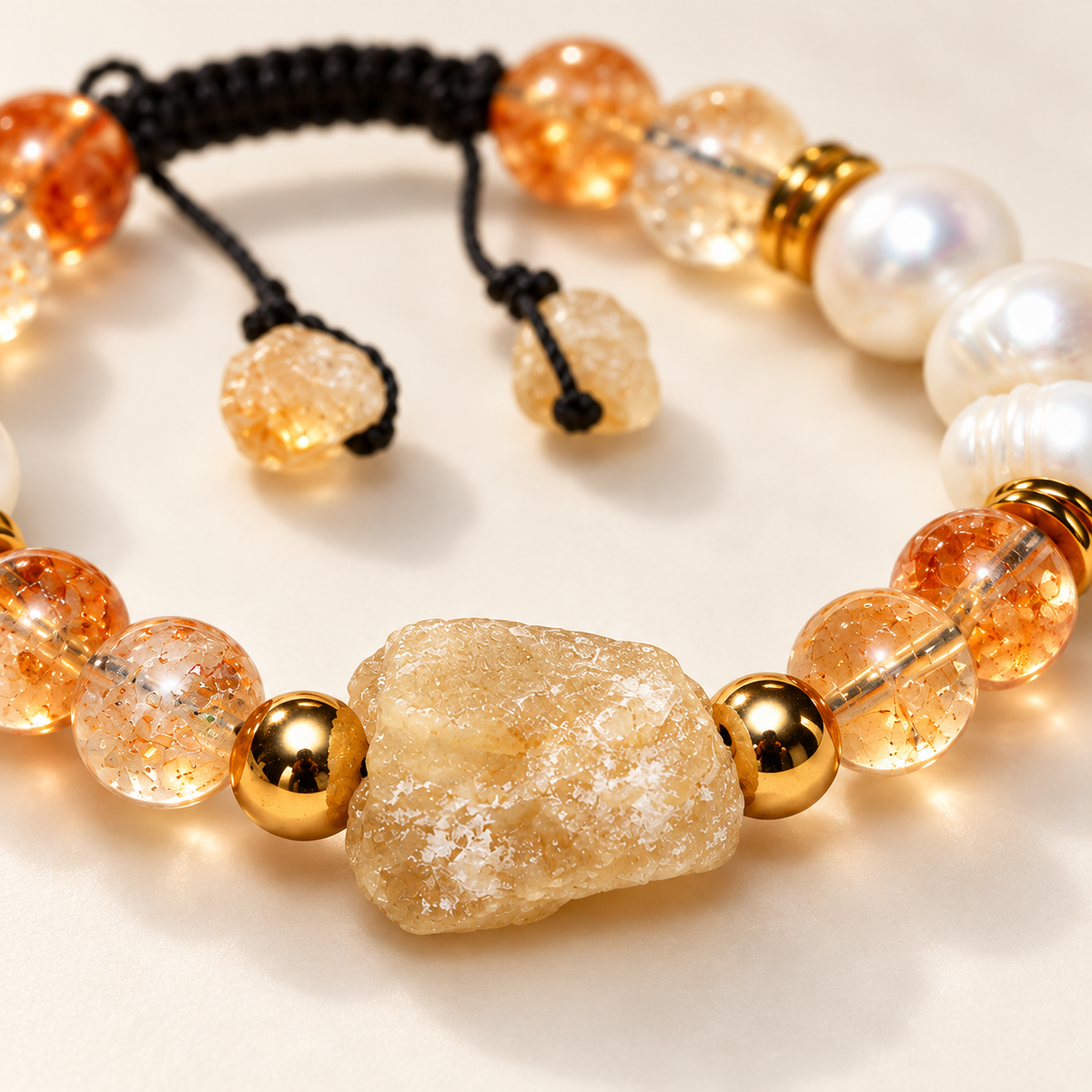 Close-up of the 7agat citrine centerpiece beside amber citrine beads and gold-tone spacers