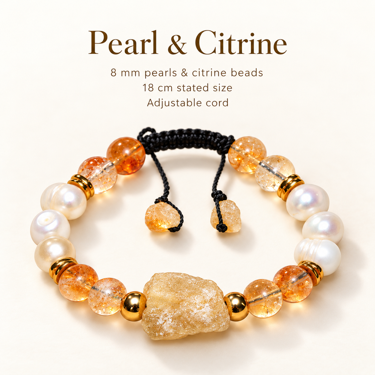 7agat pearl and citrine bracelet specifications showing 8 mm beads, stated 18 cm size and adjustable cord