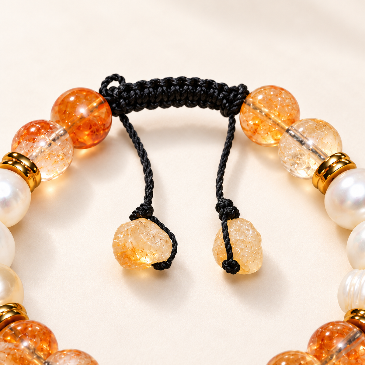 7agat pearl and citrine bracelet black sliding-knot closure with two textured yellow stone cord ends