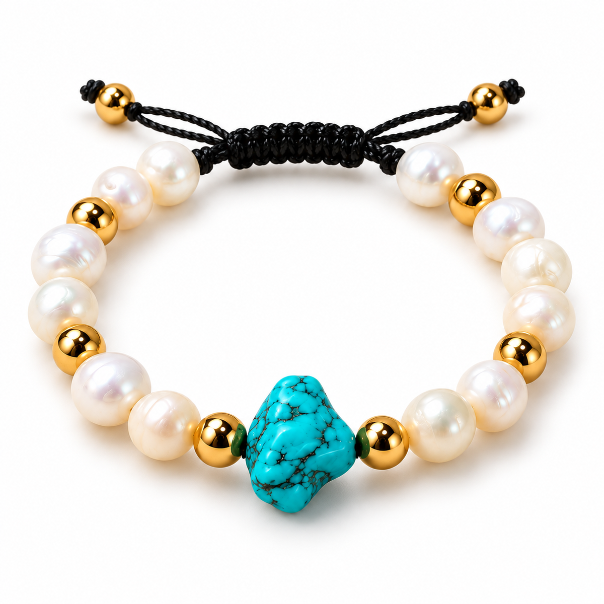 White Cultured Pearl & Turquoise Howlite Bracelet with Gold-Tone Hematite – 18 cm