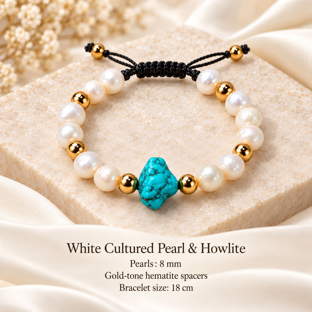 A beaded bracelet displayed on a beige stone block with draped satin fabric. The bracelet features white cultured pearls, gold-tone hematite spacer beads, and a central turquoise howlite bead, with a black adjustable cord closure.